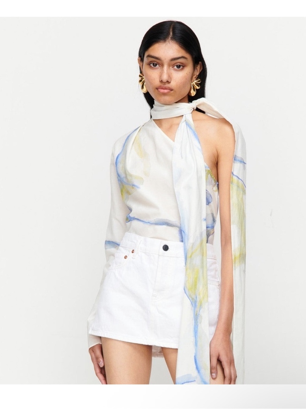 Romy Scarf Halter Top in White with Blue & Yellow Wash